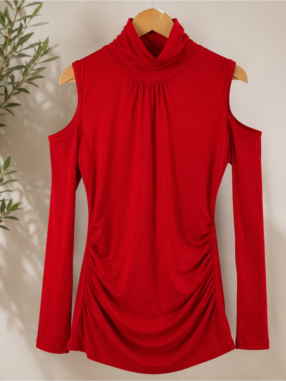 7th Avenue Design Studio Red Cold Shoulder Turtleneck Ruched Top XS